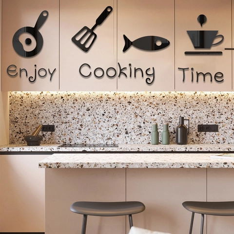 3D Mirror Acrylic Wall Stickers Kitchen Decor Enjoy Cooking Time DIY Waterproof Self Adhesive Removable Home Art Mural Decor