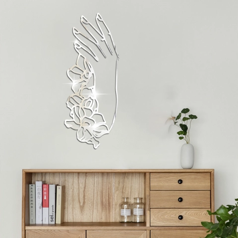 3D Spiegel Acryl Wandaufkleber Künstlerische Hand Die Blume Hält DIY Selbstklebendes Wandtattoo Für Wohnzimmer Schlafzimmer Deko