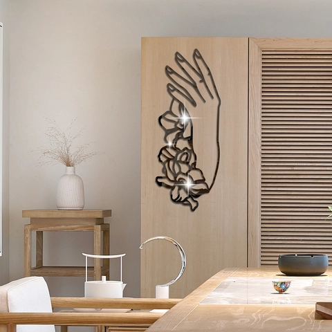 3D Spiegel Acryl Wandaufkleber Künstlerische Hand Die Blume Hält DIY Selbstklebendes Wandtattoo Für Wohnzimmer Schlafzimmer Deko