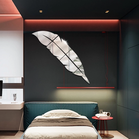 Adesivi Murali a Specchio in Acrilico a Forma di Piuma Moderno 3D Decorazione Parete per Camera da Letto Soggiorno Adesivi a Specchio Autoadesivi
