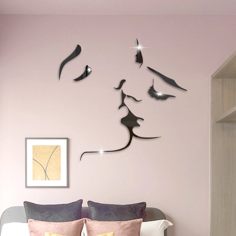 Adhesivo de Pared de Espejo Acrílico 3D Silueta Minimalista Pareja Besándose Arte DIY Calcomanía Decorativa para Dormitorio Sala de Estar
