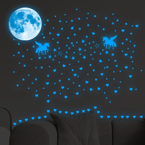 Pegatinas de Pared Que Brillan En La Oscuridad Luna Estrellas Corazones Unicornios Para Habitación Niños Techo Fluorescente