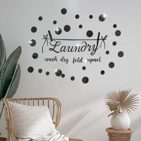 Decoración de Lavandería Wash Dry Fold Repeat Pegatinas de Pared de Espejo Acrílico 3D Reflectante DIY Letras Geométricas