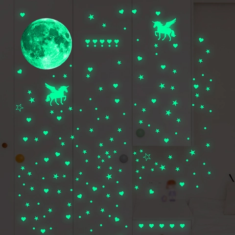 Pegatinas de Pared Que Brillan En La Oscuridad Luna Estrellas Corazones Unicornios Para Habitación Niños Techo Fluorescente