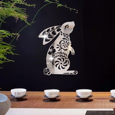 Adesivo da Parete in Specchio Acrilico 3D Simpatico Coniglio Design a Fiori Traforato Decalcomania Autoadesiva per Soggiorno Camera da Letto Casa