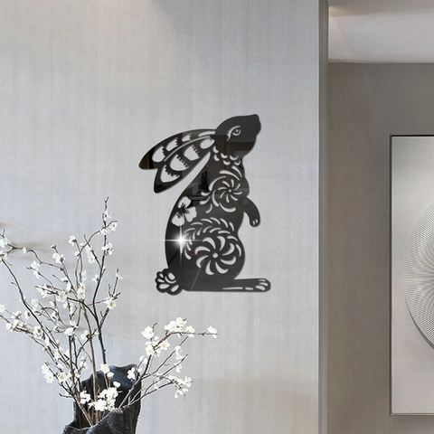 Adesivo da Parete in Specchio Acrilico 3D Simpatico Coniglio Design a Fiori Traforato Decalcomania Autoadesiva per Soggiorno Camera da Letto Casa