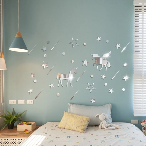 Adhesivo de Pared de Acrílico Espejo 3D Unicornio Estrella Luna Calcomanía de Espejo DIY Para Cuarto de Niños Moderno