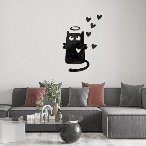 Adesivo da Parete Gatto Specchio Acrilico 3D Decorativo Fai da Te Cuore Angelo Gatto per Cameretta Camera da Letto Casa