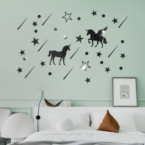 Adhesivo de Pared de Acrílico Espejo 3D Unicornio Estrella Luna Calcomanía de Espejo DIY Para Cuarto de Niños Moderno