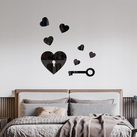 3D Acrylic Heart And Key Mirror Wall Sticker Set Self Adhesive Removable Mirror Decal For Living Room Bedroom Home Decor
