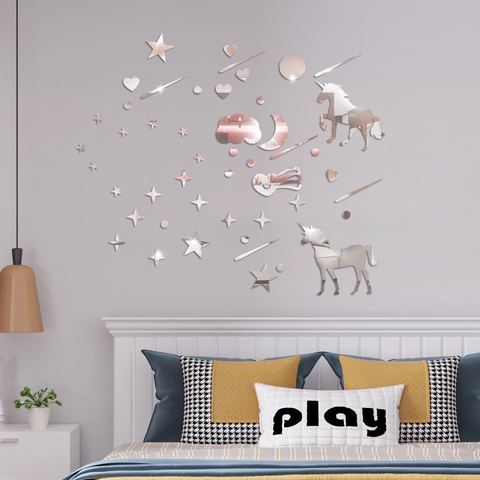 Stickers Muraux 3D Miroir Acrylique Licorne Étoile Lune Décor Miroir DIY Amovible Auto-adhésif pour Chambre Salon Décoration Murale Maison