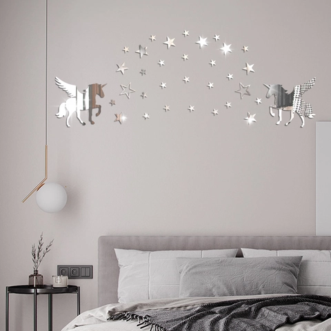 Vinilos Decorativos de Pared 3D Espejo Acrílico Unicornio Estrella Pegatinas de Animales Dibujos Animados para Habitación