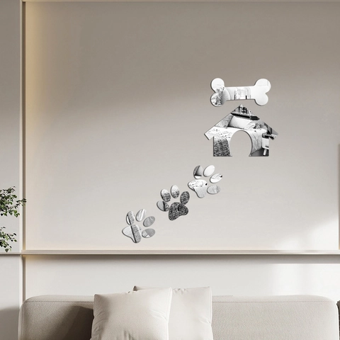 Set Adesivi Murali Specchio Acrilico Tema Animali Con Cuccia Osso E Impronte Superficie Riflettente Per Decoro 3D In Soggiorno O Camera