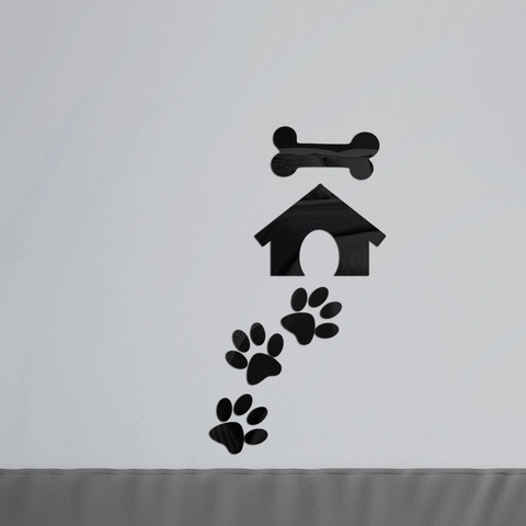 Set Adesivi Murali Specchio Acrilico Tema Animali Con Cuccia Osso E Impronte Superficie Riflettente Per Decoro 3D In Soggiorno O Camera