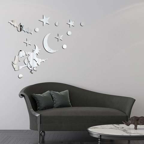 Sticker Mural Miroir Acrylique Sorcière d'Halloween 3D DIY Chauve-souris Amovibles Lune Étoiles Décalcomanie Décoration Maison