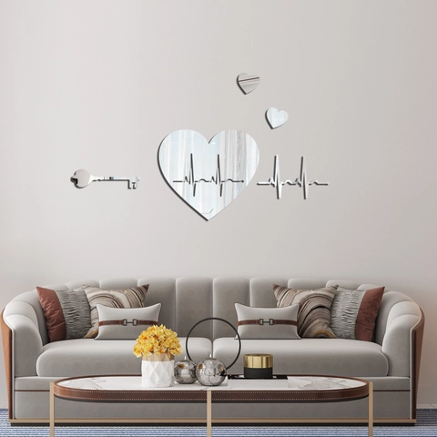 Acrylic Heart Lock Heartbeat Mirror Wall Sticker Living Room Self Adhesive Modern Minimalist Bedroom Home Decor Set