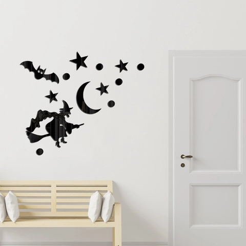 Sticker Mural Miroir Acrylique Sorcière d'Halloween 3D DIY Chauve-souris Amovibles Lune Étoiles Décalcomanie Décoration Maison