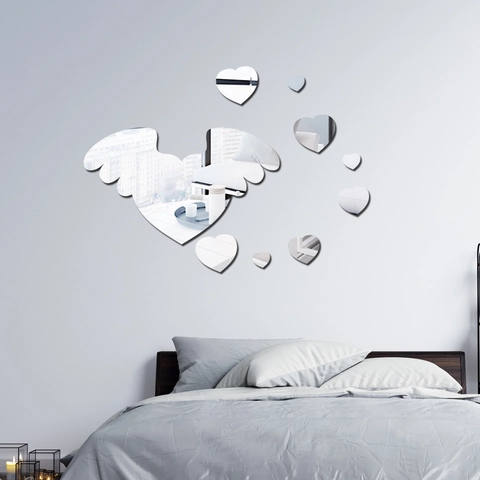 Sticker Mural Miroir en Acrylique 3D Cœur Avec Ailes DIY Sticker Mural Auto-adhésif pour Chambre Salon Décoration Maison