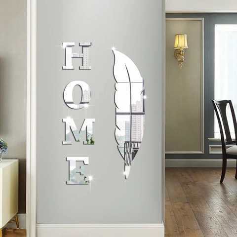 Moderno Adesivo da Parete Specchio Acrilico 3D Lettere HOME Piuma Decalcomania Riflettente DIY per Soggiorno Camera da Letto