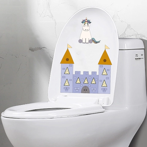 Autocollants de Couvercle de Toilette Licorne Château Imperméables Décor de Salle de Bain Autocollants Muraux en PVC Auto-adhésifs