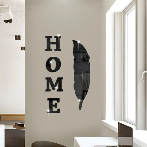 Moderno Adesivo da Parete Specchio Acrilico 3D Lettere HOME Piuma Decalcomania Riflettente DIY per Soggiorno Camera da Letto