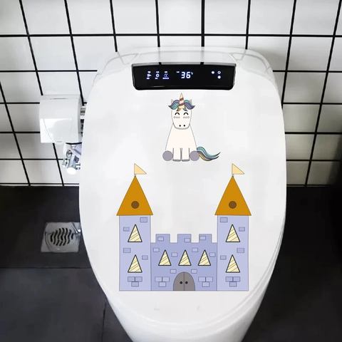 Autocollants de Couvercle de Toilette Licorne Château Imperméables Décor de Salle de Bain Autocollants Muraux en PVC Auto-adhésifs