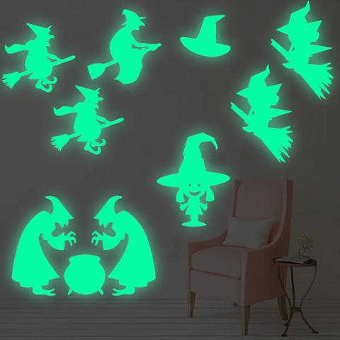 Halloween Adesivo da Parete Strega Luminosa Glow In The Dark Silhouette PET Fluorescente per Camera dei Bambini Festa