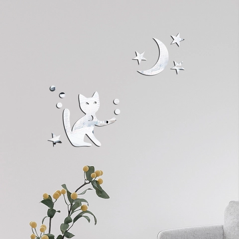 Pegatinas De Pared Gato Luna Acrílico Espejo 3D DIY Calcomanías Arte Para Dormitorio Sala Estar Decoración Hogar
