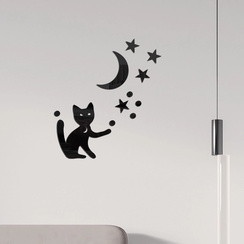 Pegatinas De Pared Gato Luna Acrílico Espejo 3D DIY Calcomanías Arte Para Dormitorio Sala Estar Decoración Hogar