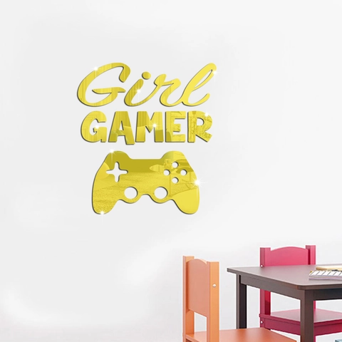 Pegatina de Pared 3D de Acrílico Espejo Girl GAMER Control de Videojuegos Calcomanía para Dormitorio Sala de Juegos Decoración