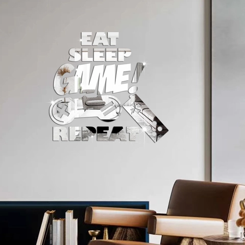 Sticker Mural Manette de Jeu en Acrylique Miroir Eat Sleep Game Repeat 3D Auto-Adhésif Décoration Salle de Jeux
