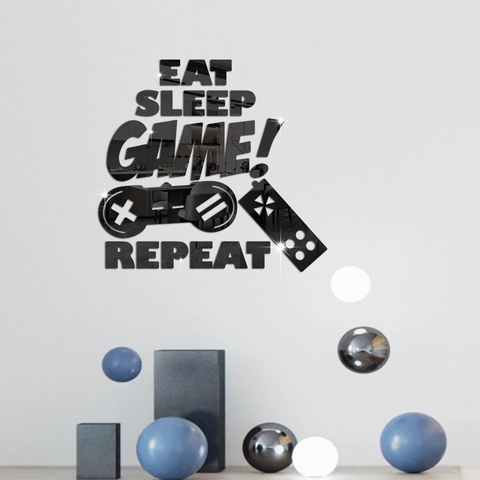 Sticker Mural Manette de Jeu en Acrylique Miroir Eat Sleep Game Repeat 3D Auto-Adhésif Décoration Salle de Jeux