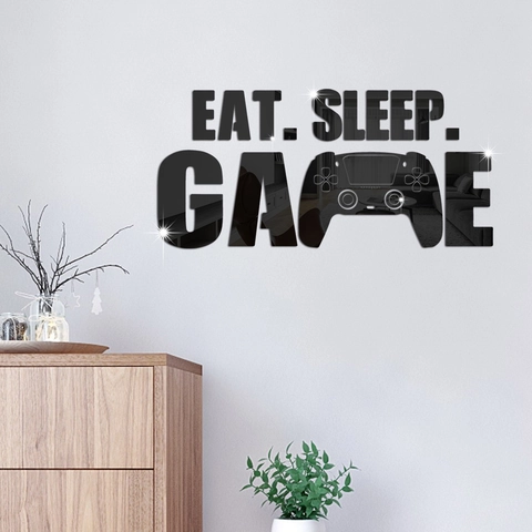 Pegatina de Pared 3D de Acrílico Espejo Tema Gamer Eslogan Eat Sleep Game Decoración Moderna para Sala de Juegos Dormitorio