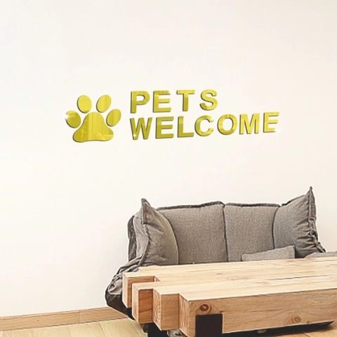 Sticker Mural Miroir Acrylique 3D Pets Welcome Patte d'Animal Signe DIY Auto-Adhésif Décoration pour Animalerie Maison Entrée