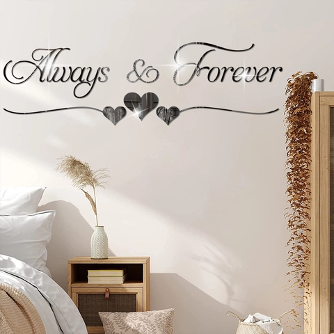 Ensemble de Stickers Muraux Miroir en Acrylique 3D Always Forever Motif de Cœur Autocollant Miroir pour Salon Chambre Décoration Murale