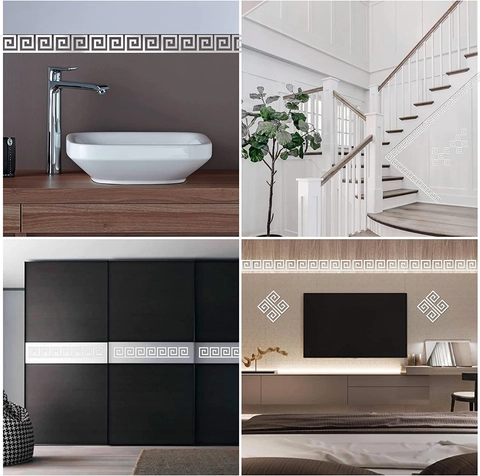 Sticker Mural Miroir Acrylique Clé Grecque DIY Bordure Géométrique Auto-adhésif pour Salon Salle de Bain Décoration de la Maison