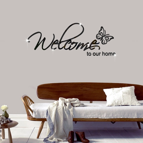 Pegatina de Pared 3D Espejo Acrílico Welcome To Our Home Mariposa Removible DIY Autoadhesiva Espejo Decorativo Para Sala Dormitorio Decoración Hogar