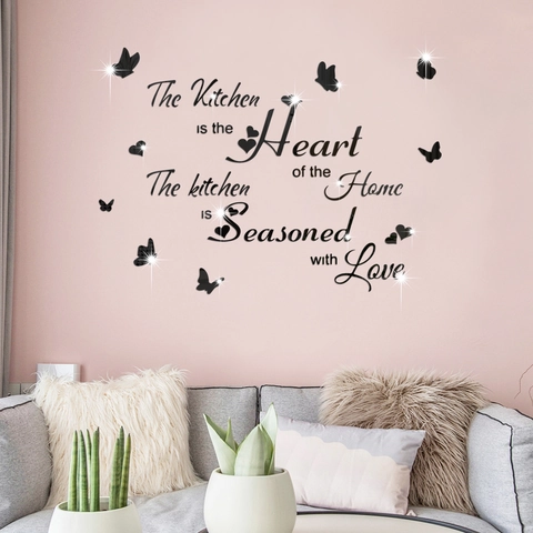 Adesivi Murali a Specchio 3D in Acrilico Frase The Kitchen Is The Heart Of The Home Farfalla Cuore Decorazione Fai Da Te Cucina
