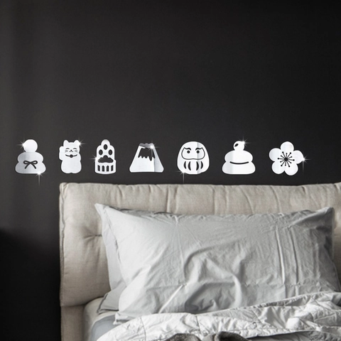 Pegatinas de Pared Espejo 3D Elementos de Suerte Japoneses Acrílico Gato Suerte Daruma Monte Fuji Decoración del Hogar