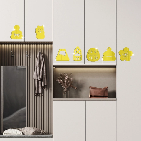 Pegatinas de Pared Espejo 3D Elementos de Suerte Japoneses Acrílico Gato Suerte Daruma Monte Fuji Decoración del Hogar