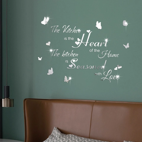 Stickers Muraux Miroir Acrylique 3D Citation The Kitchen Is The Heart Of The Home Papillon Coeur Décor DIY pour Cuisine