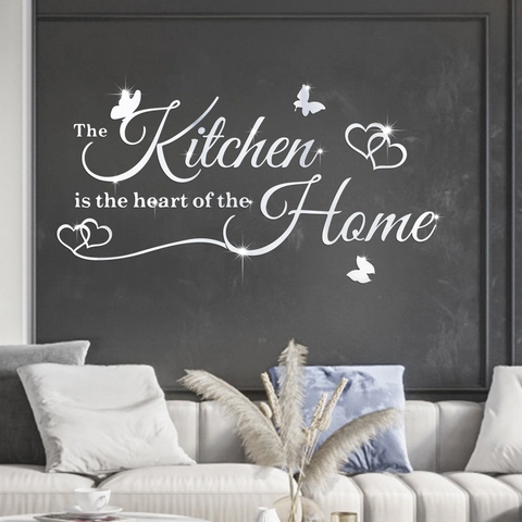 Sticker Mural Miroir Acrylique 3D Citation The Kitchen Is The Heart Of The Home Papillon Cœur Décoration Maison DIY