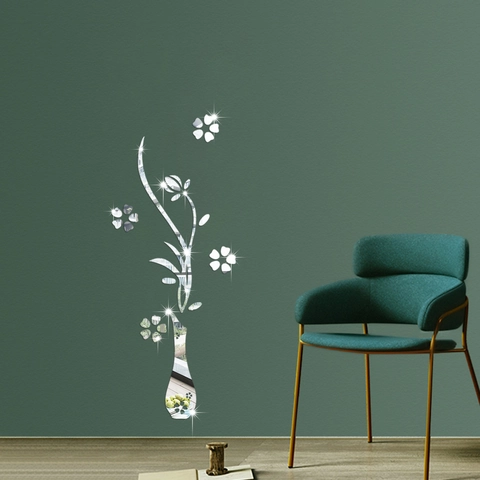 Adhesivo de Pared Espejo 3D de Acrílico Patrón de Jarrón Floral Calcomanía de Arte DIY Removible Para Sala de Estar Dormitorio