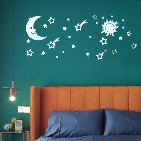 Pegatinas De Pared 3D Espejo Acrílico Luna Sol Y Estrellas Para Sala De Estar Dormitorio Decoración DIY Cielo Estrellado