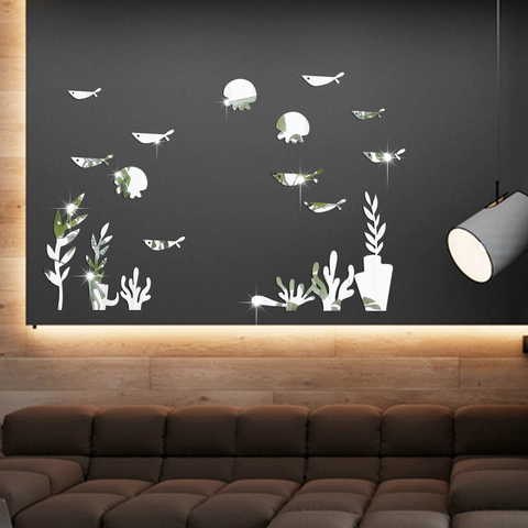 Pegatina de Pared Espejo Acrílico 3D Mundo Oceánico Animales Marinos Pez Medusa Coral Alga Marina Decoración Hogar