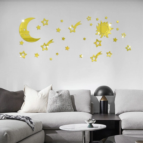 Pegatinas De Pared 3D Espejo Acrílico Luna Sol Y Estrellas Para Sala De Estar Dormitorio Decoración DIY Cielo Estrellado