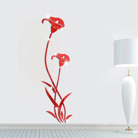 Adhesivo de Pared de Espejo de Acrílico 3D Elegante Patrón de Flor de Cala Autoadhesivo DIY Decoración para Sala de Estar Entrada