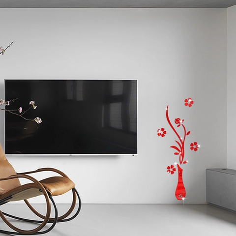 Adhesivo de Pared Espejo 3D de Acrílico Patrón de Jarrón Floral Calcomanía de Arte DIY Removible Para Sala de Estar Dormitorio