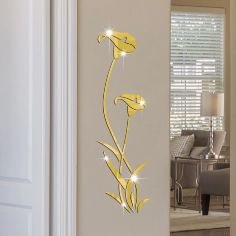 Adhesivo de Pared de Espejo de Acrílico 3D Elegante Patrón de Flor de Cala Autoadhesivo DIY Decoración para Sala de Estar Entrada