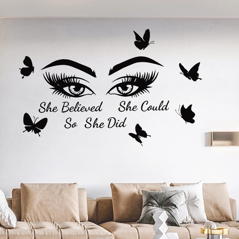 Artistic Eye Lash Butterfly Wall Sticker Motivational Quote She Believed She Could So She Did PVC DIY Home Decor Mural